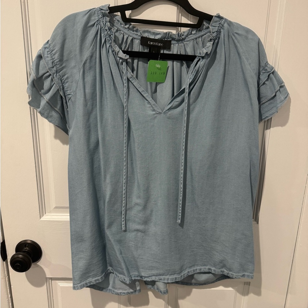 Karen Kane Soft Blue Tie-Neck Ruffle Sleeve Blouse